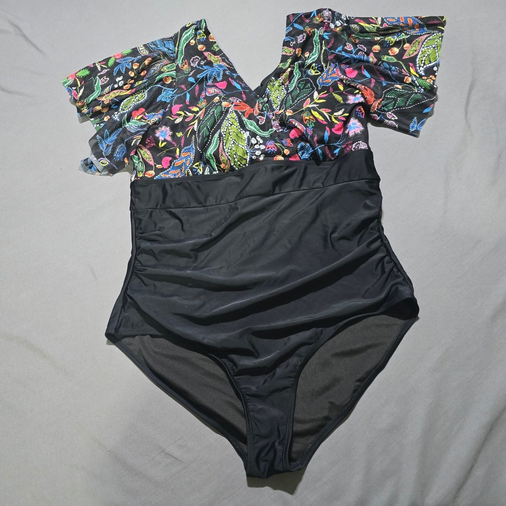 Bloomchic One Piece Swimsuit Women 18-20 Black Floral Paisley Flutter Sleeve